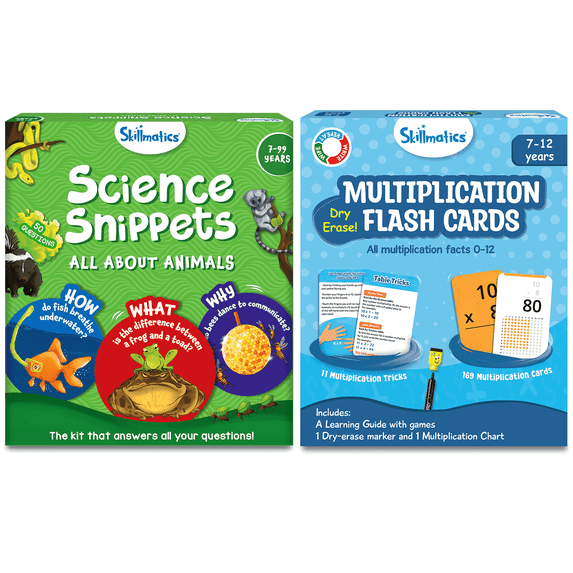 Skillmatics Science Snippets Animals & Multiplication Flash Cards Bundle, Learning Aids & Educational Toys for Boys & Girls, Gifts for Ages 7, 8, 9 & Up