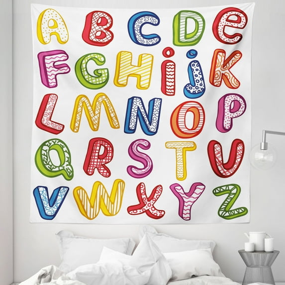 Science Tapestry, Hand Drawn Colorful 3D Style ABC Letters Patterns Joyful Fun Design, Fabric Wall Hanging Decor for Bedroom Living Room Dorm, 5 Sizes, Multicolor, by Ambesonne
