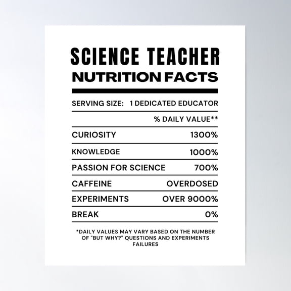 Science Teacher Nutrition Facts - Funny Gift For Science Educators Poster Wall Art, Modern Wall Decor For Living Room Bedroom, 8x12 UNFRAMED