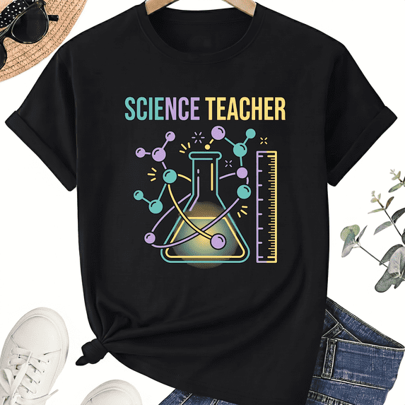 Science Teacher T-Shirt for Women, 100% Cotton Crew Neck Short Sleeve Shirt, Beaker Molecule Classroom Graphic