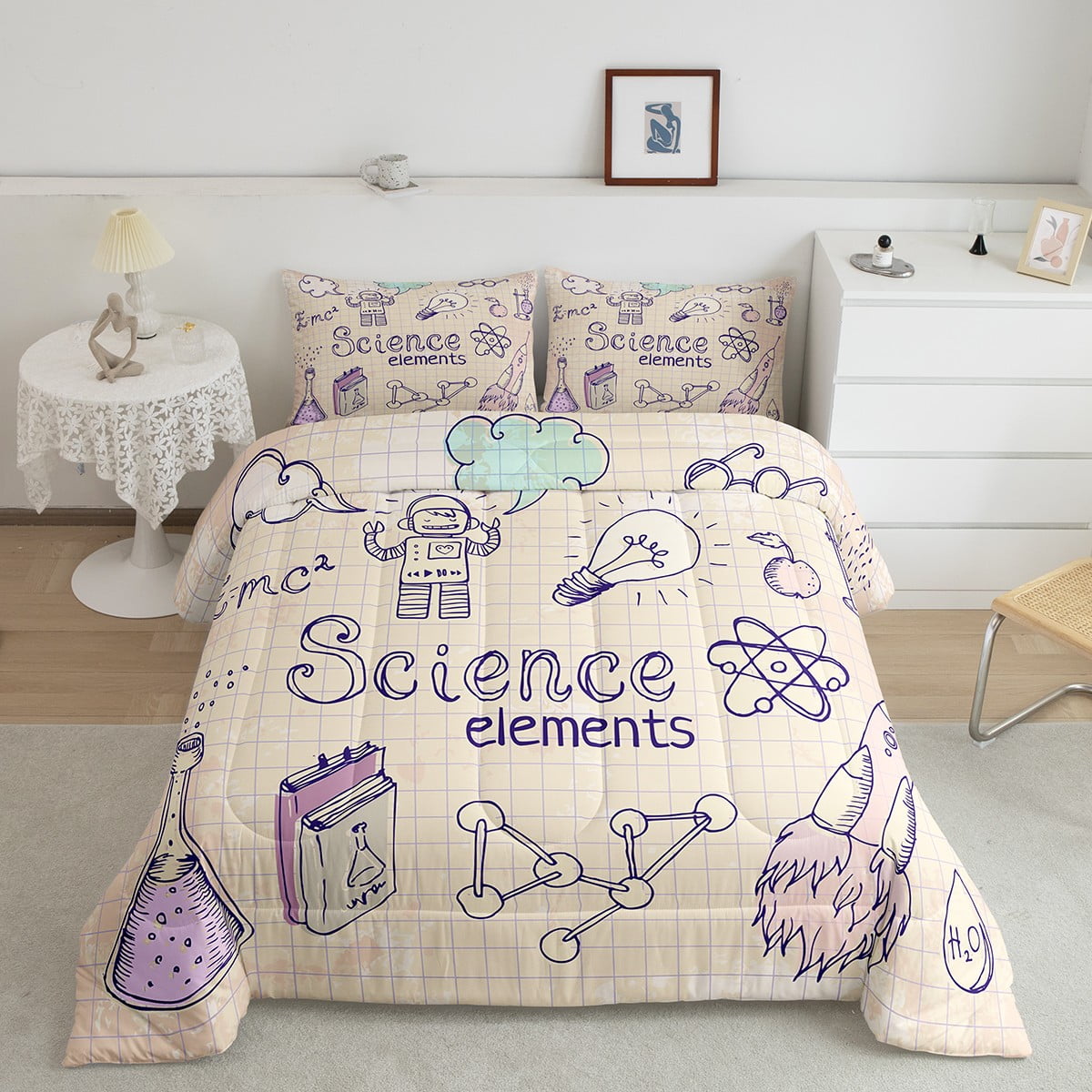 Science Theme Comforter Set Queen Size for Boys Girls Chemistry Element