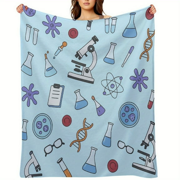 Science-Themed Flannel Fleece Blanket - Soft, Cozy, Warm Decorative Throw for Bedroom, Living Room, Dorm, Sofa, or Office - All-Season Gift with Vibrant Lab Equipment & DNA Design, Blanket for Bed