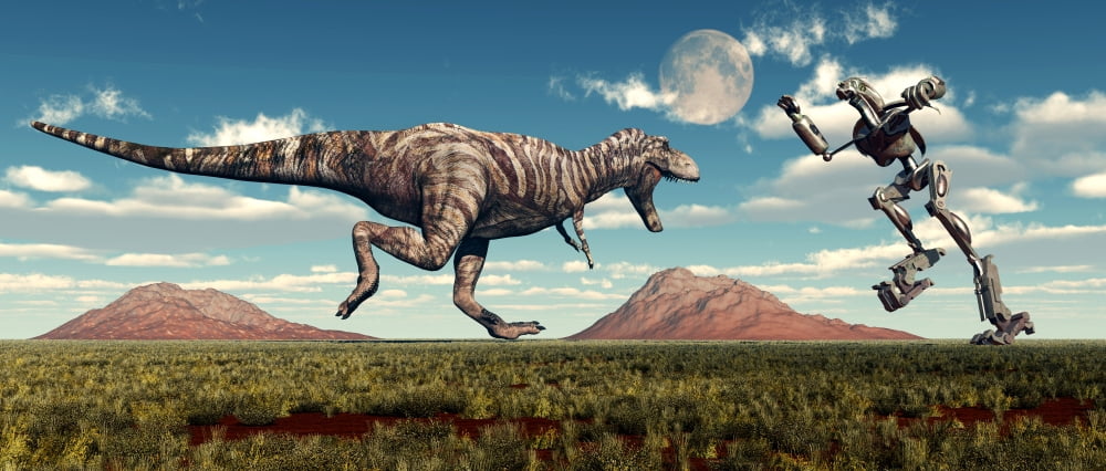 Science fiction scene of a Tyrannosaurus Rex battling a giant robot Canvas Art - Mark StevensonStocktrek Images (22 x 10)