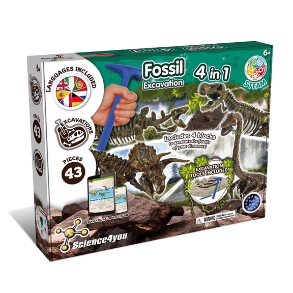 Science4you Dinosaur Fossil Excavation Kit 4 in 1 - Fossil Digging Kit for Kids, Build 4 Dinosaur Fossils, 46 Pieces, Archeology Set, Hunting Kit - Dinosaur Toys, Games for Boys and Girls Age 6+