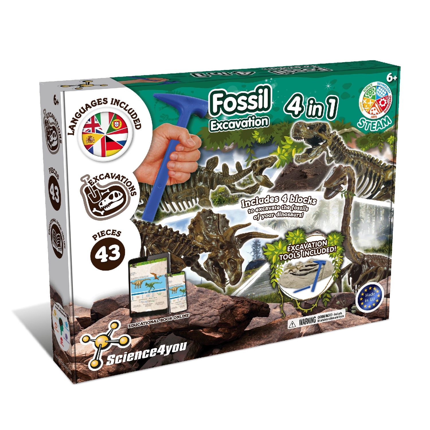 Science4you Dinosaur Fossil Excavation Kit 4 in 1 - Fossil Digging Kit for Kids, Build 4 Dinosaur Fossils, 46 Pieces, Archeology Set, Hunting Kit - Dinosaur Toys, Games for Boys and Girls Age 6+