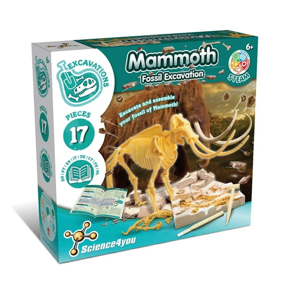 Science4you - Mammoth Fossil Digging Kit for Kids +6 Years - Excavate and Assemble 17 Mammoth Fossils - Ideal Dinosaur Excavation Kit Toy, Archeology and Paleontology Sets for Kids Age 6+