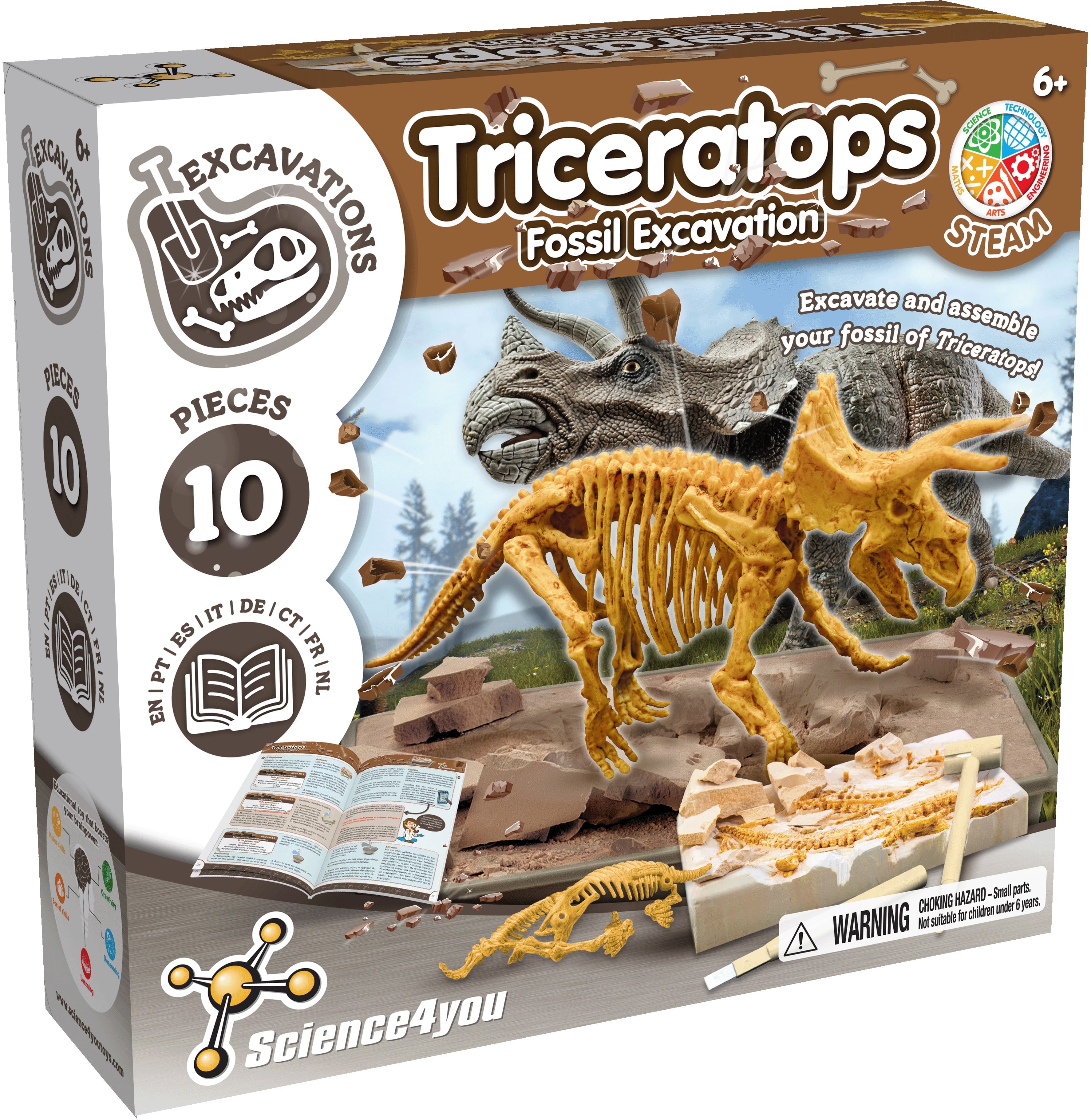 Science4you - Triceratops Fossil Digging Kit for Kids - Excavate and Assemble 10 Dinosaur Fossiles, Dino Toys for Boys and Girls Age 6+, Jurassic Gifts for Boys & Girls 6+ Year Old