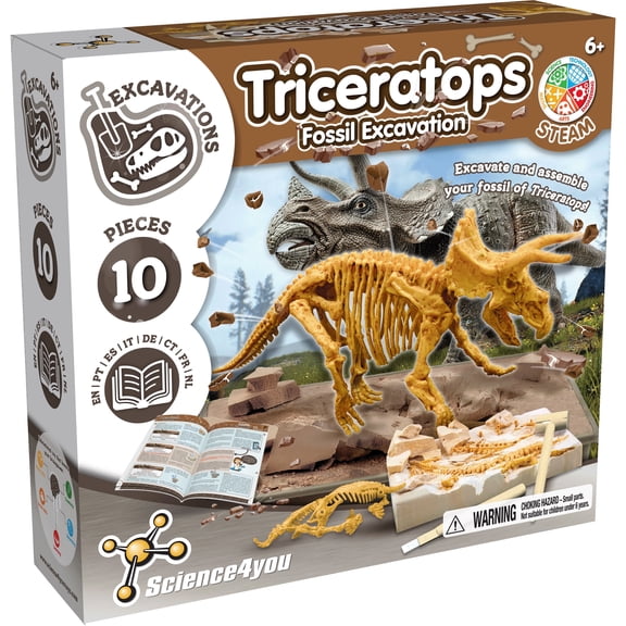 Science4you Triceratops Fossil Digging Kit, Dinosaur Excavation Set with 10 Fossils, STEM Toy, Ages 6+