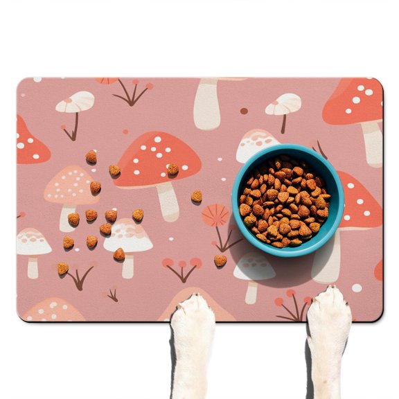 Scientific Mushroom Pet Food Mat - Absorbent Dog Bowl Mat - Non-Slip Waterproof Base - Botanical Mushroom Design - Easy Clean Spill Catcher for Floors