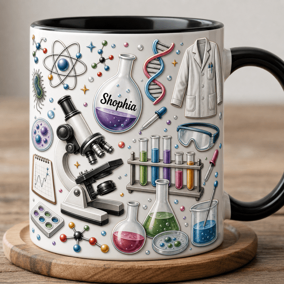 Scientist Mug Personalized 2D Printed 3D Effect Science Lover Gift with Lab Tools & Microscope