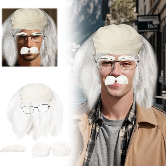 Scientist Wig Set Including Bald Cap with Attached Eyebrows and Beard for Performances