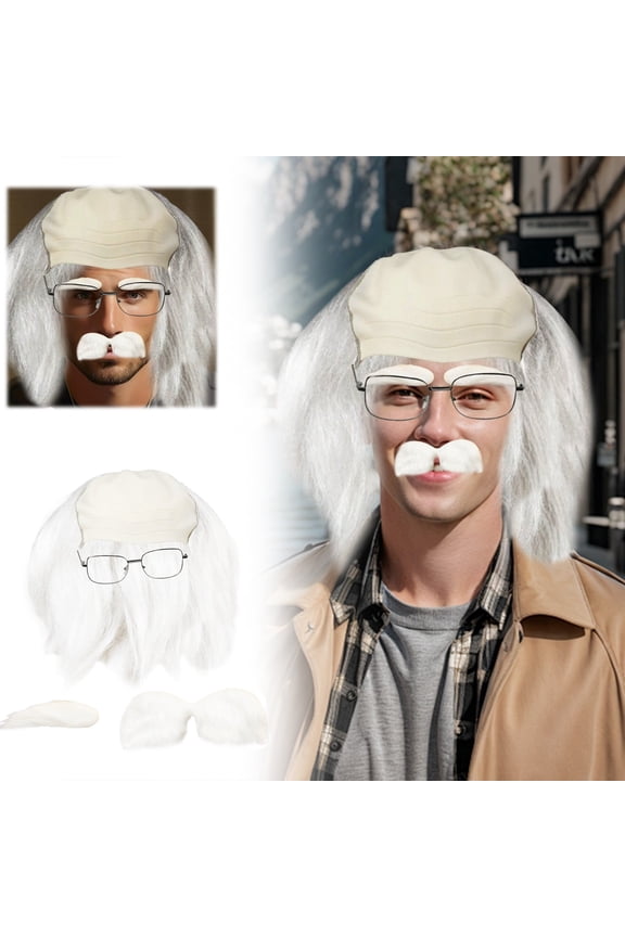Scientist Wig Set Including Bald Cap with Attached Eyebrows and Beard for Performances
