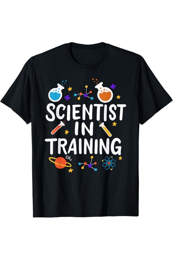 Scientist in Training Science Themed Graphic T shirt with Lab Flasks Molecules and Planets for Science Enthusiasts Unisex Tee