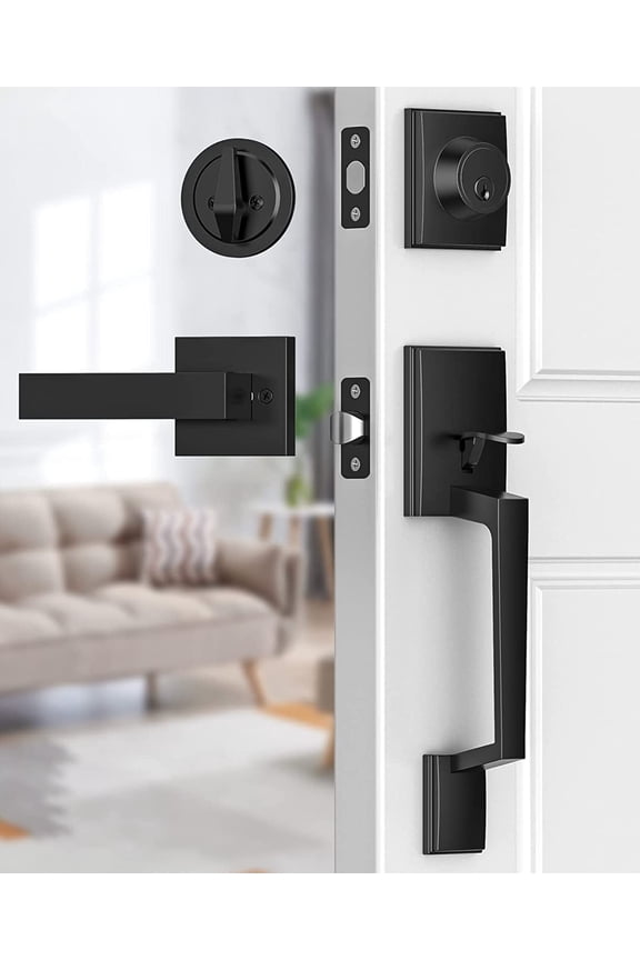 Front Door Handle, Modern Front Door Lock Set, Adjustable Deadbolt Lock Set with Single Cylinder, Reversible for Right&Left Handed