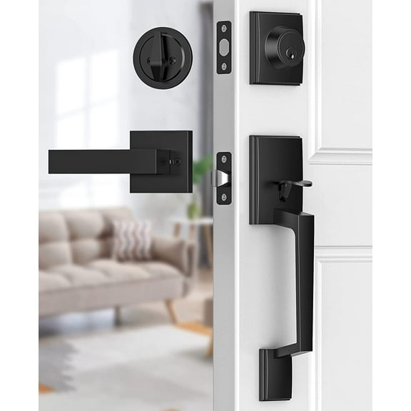 Scifil Front Door Handle, Modern Front Door Lock Set, Adjustable Deadbolt Lock Set with Single Cylinder, Reversible for Right&Left Handed