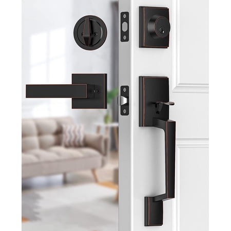 Scifil Front Door Handle, Modern Front Door Lock Set, Adjustable Deadbolt Lock Set with Single Cylinder, Reversible for Right&Left Handed