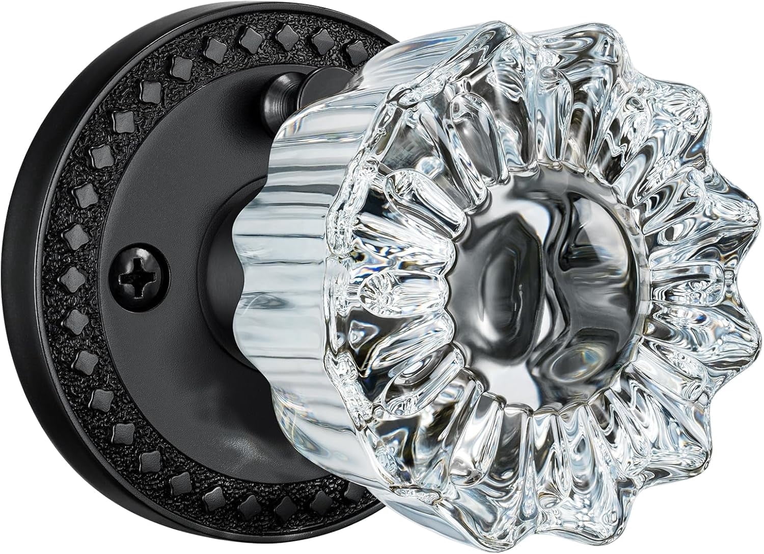 Scifil Vintage Crystal Glass Door Knob with Privacy Lock - Antique Interior Glass Knobs for Doors, Matte Black Door Handle for Bathroom/Bedroom- Adjustable Latch, 1 Pack