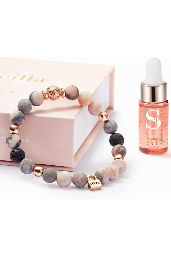 Anxiety Bracelet for Women, Pink Zebra Jasper, Lava Rock Bracelet Diffuser with Love Charm