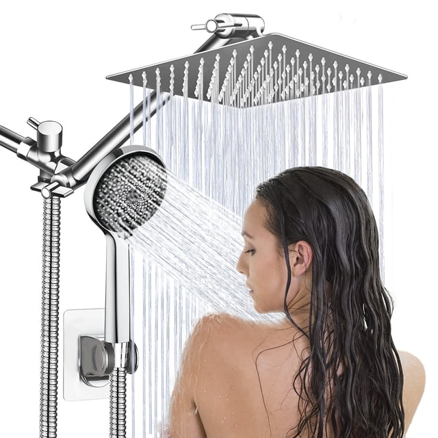10" Rain Shower Head With Handheld Combo - Matt Black, 11" Adjustable Arm, High Pressure