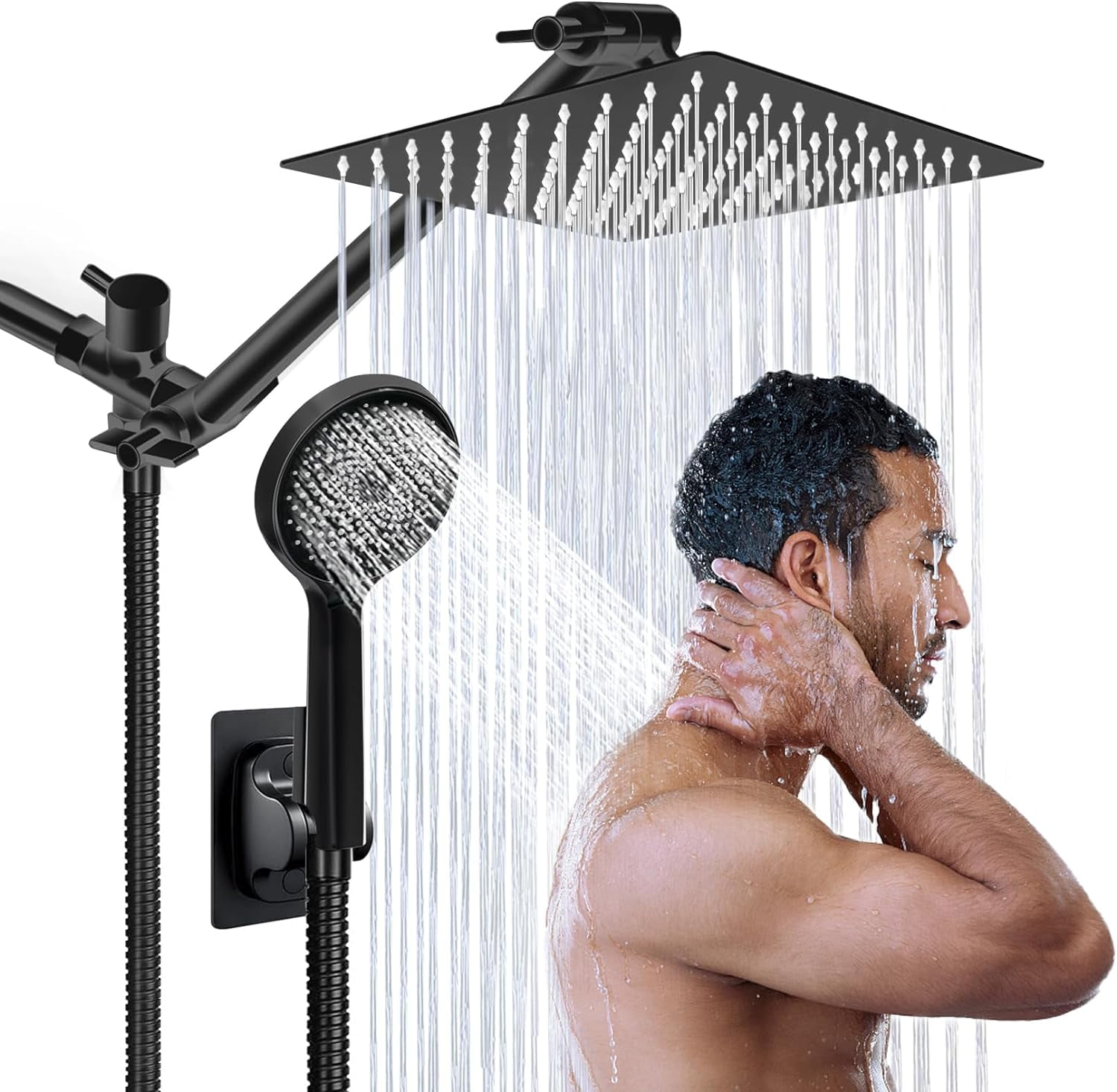 Scilulu Shower Head,8"Rain Shower Head with Handheld Spray Combo with 11'' Angle Adjustable Extension Arm/Flow Regulator/Shower System,High Pressure Rainfall Shower Head Clean Bathroom,Matt Black