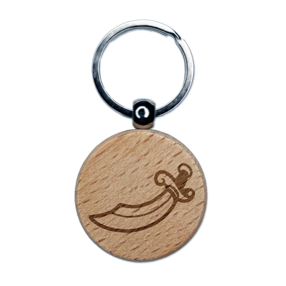 Scimitar Curved Pirate Sword Round Keychain Charm Tag - Engraved Wood