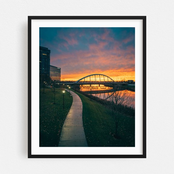 Scioto River Sunset, Columbus 01 - Columbus Ohio Photography Sunset Bridge City Night Sky Scenic Landscape Autumn Black Framed Wall Art Print 6 x 8 inches