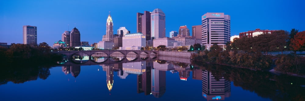 Scioto River and Columbus Ohio skyline the capital city at dusk with lights on Canvas Art - Panoramic Images (27 x 9)
