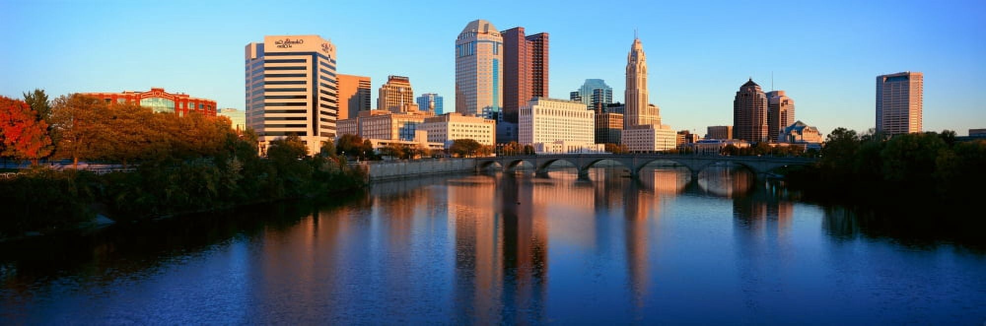 Scioto River and Columbus Ohio skyline with setting sunlight Canvas Art - Panoramic Images (27 x 9)