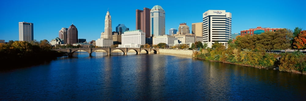 Scioto River and Columbus Ohio skyline with setting sunlight Canvas Art - Panoramic Images (36 x 12)