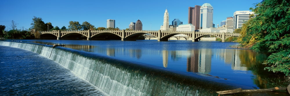Scioto River with waterfall and Columbus Ohio skyline with setting sunlight Canvas Art - Panoramic Images (36 x 12)