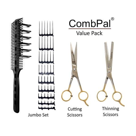 Scissor Clipper Over Comb Hair Cutting Tool - Barber Hair Cutting kit - Home Hair Cutting Guide Comb Set (Jumbo Value-Pack, Black)