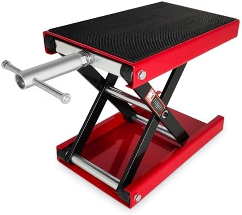 Scissor Lift Jacks - Repair Hoist Stand, Crank Stand, Enhanced Stability, Adjustable Height, Robust Construction, 1100 Lbs Capacity for Motorcycles, Atvs, Dirt Bikes Red