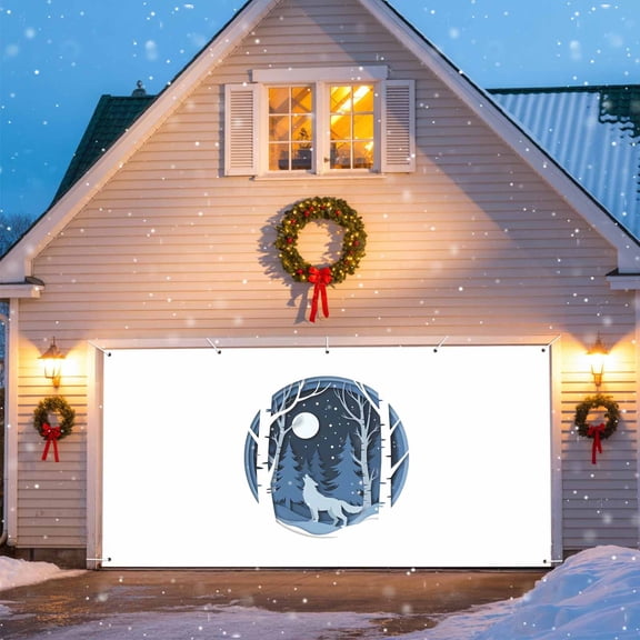 Scissors Art Garage Door Banner Covers, Wolves Winter Snowflakes Forests Tree Moon Large Hanging Indoor/Outdoor Backdrop Background for Christmas Winter Party Decor, 6x13 FT