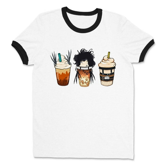 Scissors Coffee Halloween Ringer Tee Shirt Unisex Large White/Black