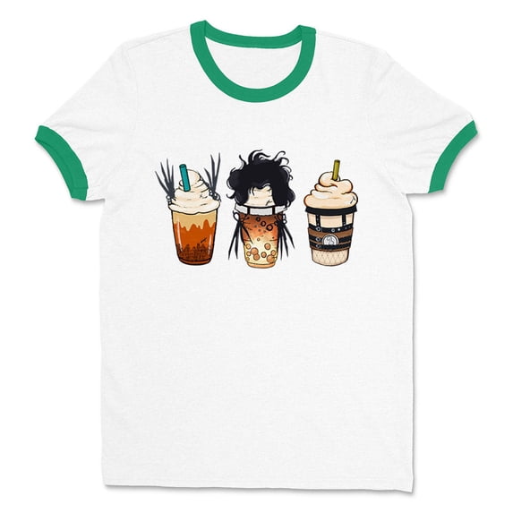 Scissors Coffee Halloween Ringer Tee Shirt Unisex Large White/Kelly Green