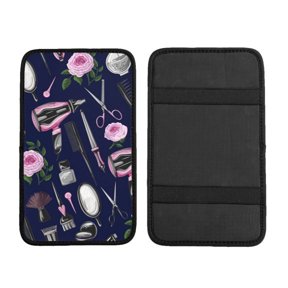 Scissors Comb Salon Rose Car Armrest Cover Center Console Pad - Neoprene Cushion with Elastic Straps Universal Fit for Vehicles SUV