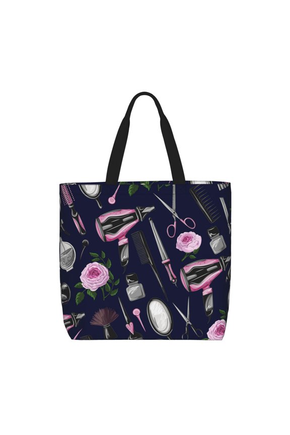 Scissors Comb Salon Rose Tote Bag Reusable Shoulder Handbag Top Handle Purse for Shopping Work
