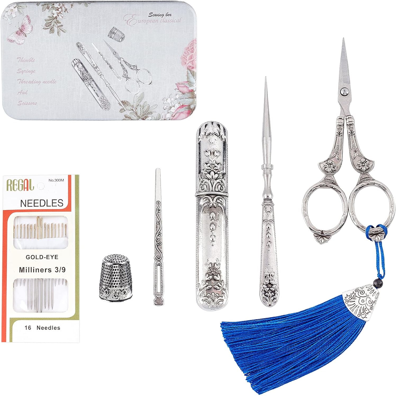 Scissors Kits European Vintage Sewing Set Include Needle Storage Tube Awl Threader Thimble Tailor Scissors Sewing Tools Supplies for Sewing Craft Needlework