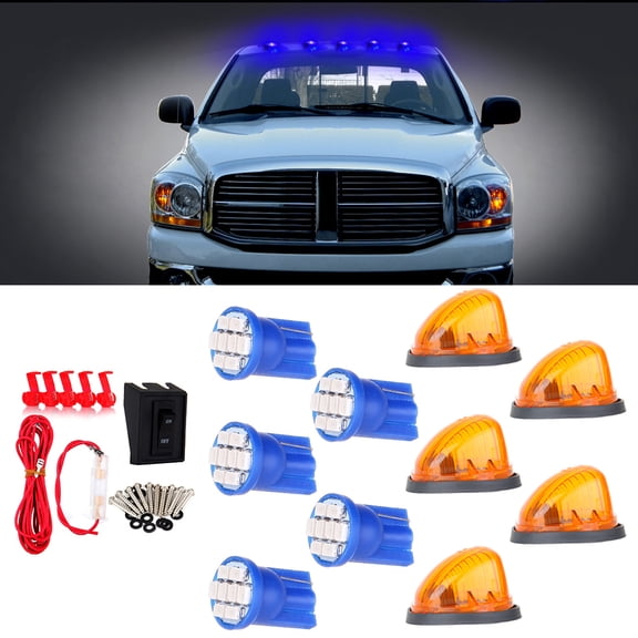 Scitoo 5 Pack Amber Cab Marker Round Clearance Running Lamp + Blue 168 8-3020-SMD LED Bulbs w/ Base + 1 Set Wiring Pack Switch Assembly Wire Harness
