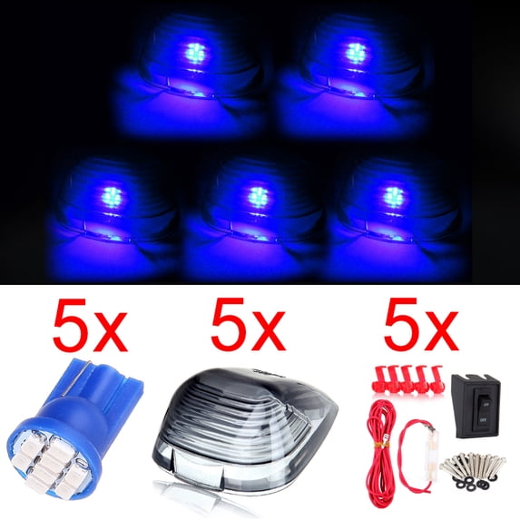 Scitoo 5pcs Smoke Roof Running Light Cab Marker Cover Top Lamp Lens + free Blue 8-3020-SMD LED + Wiring pack T10 W5W 168 921 Fit 1999-2015 For Ford F-250 F-350 F-450 F-550 Super Duty