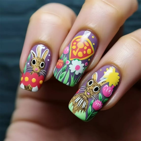 Scnvwu Easter Press on Nails Medium Square Fake Nails Colorful False Nails with Graffiti Bunny Designs Easter Glossy Acrylic Nails Full Cover Stick on Nails for Women Girls