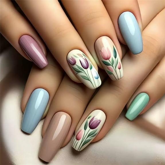 Scnvwu Flower Press on Nails Medium Coffin Blue White Fake Nails Spring Acrylic Nails Tulip Medium Glue on Nails Coffin Nails Press ons Solid Color Press on Nails Holiday Stick on Nails for Women