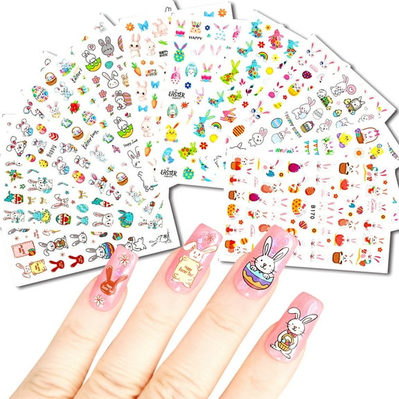 Scnwvu 12 Sheets Easter Nail Art Stickers Decals - 3D Self-Adhesive DIY Nail Art Decoration for Women and Little Girls
