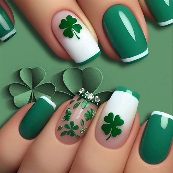 Scnwvu 24Pcs St. Patrick's Day Press on Nails Medium Square - French Tip Fake Nails with Green Shamrock Design Reusable Natural Stick on Nails Gift for Women DIY St. Patrick's Day Clover Manicure Set