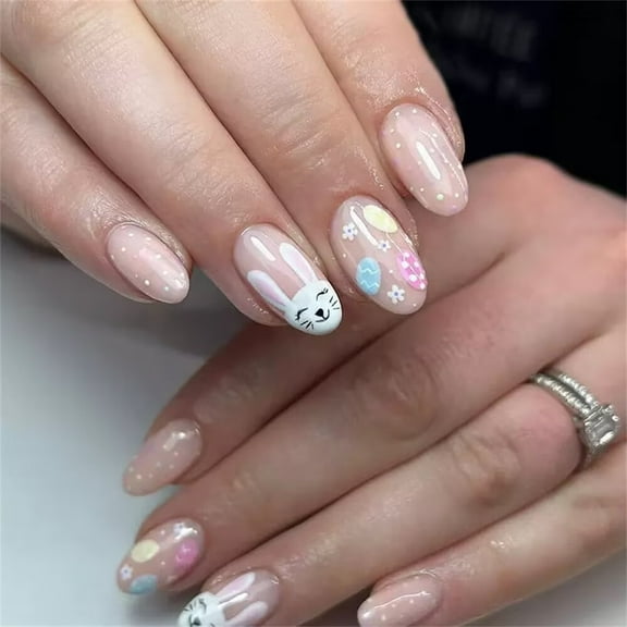 Scnwvu Easter Press on Nails - Medium Almond Pink Acrylic Fake Nails with Cute Bunny & Egg Designs - Glossy Spring Nail Art for Easter Party | Easy Stick-On Manicure Set (24 Pcs)