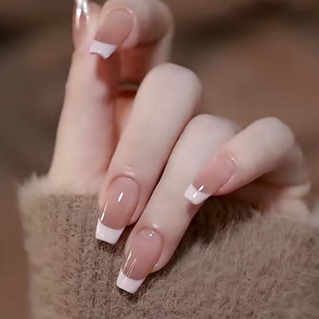 Scnwvu Press on French Tip Nails Oval Tips Glossy Fake/False Nails with Design Full Cover Acrylic Nails (Pink)