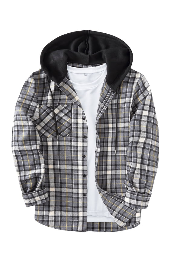 Flannel Hoodie Shirts Men Long Sleeve Button Down Plaid Hooded Jackets Shirts