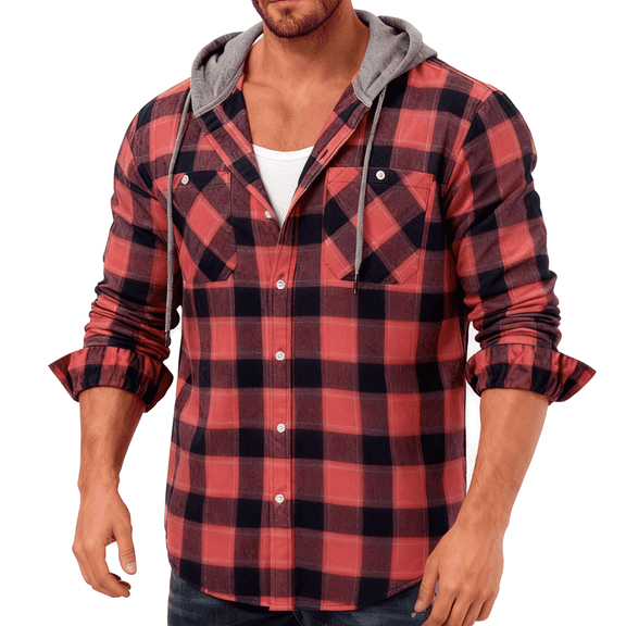 Geeksport Hooded Flannel Shirt for Men Casual Button Down Plaid Shirt Jackets Long Sleeve Hooded with Pocket