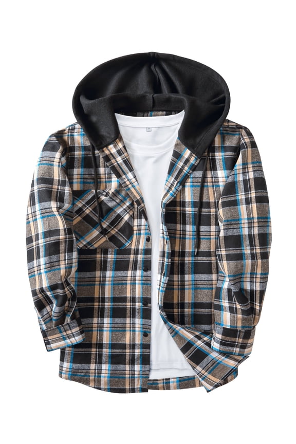 Hooded Flannel Shirt for Men Casual Button Down Plaid Shirt Jackets Long Sleeve Hooded with Pocket