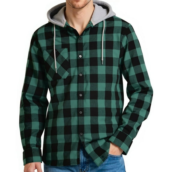 Geeksport Hooded Flannel Shirts for Men Casual Button Down Plaid Shirt Jackets for Men Long Sleeve Hoodie with Pocket